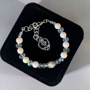 VANILLA PETAL — Designer Crystal & Cream Glass Beaded Bracelet with Heart Charm